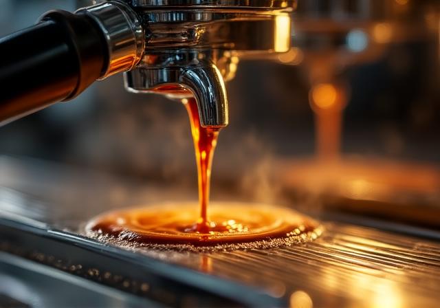 Detailaufnahme eines Siebträgers beim Espresso-Extraktionsprozess